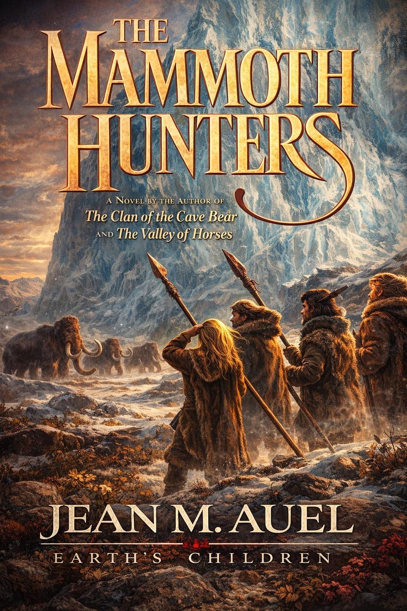 May include: Book cover for "The Mammoth Hunters" by Jean M. Auel. The image depicts a prehistoric scene with figures holding spears, mammoths, and a mountain backdrop. The title and author's name are prominently displayed.