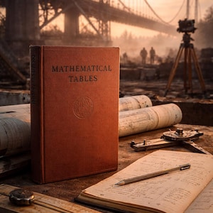 May include: A vintage, reddish-brown book titled "MATHEMATICAL TABLES" stands open on a wooden surface, alongside a pencil, slide rule, and other tools. The background features a bridge and surveying equipment, suggesting a theme of engineering or mathematics.