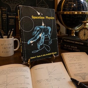 May include: A hardcover copy of the book Spacetime Physics by Edwin F. Taylor and John Archibald Wheeler, featuring a black cover with a blue illustration of an astronaut tethered to a spacecraft, displayed on a small stand among open textbooks.