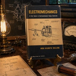 Könnte beinhalten: Ein gebundenes Buch mit dem Titel Electromechanics: A First Course in Electromechanical Energy Conversion von Hugh Hildreth Skilling. Das Cover zeigt ein technisches Diagramm eines Cäsium-Geräts mit Beschriftungen wie Ionizer und Neutralizer.