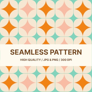 Op de afbeelding: Naadloos patroonontwerp met een herhalend geometrisch patroon. Het heeft oranje, roze en crèmekleurige ruitvormen op een turquoise achtergrond. De tekst "SEAMLESS PATTERN" wordt in een bruin lettertype weergegeven.