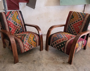 Set of 2 Mid century armchair - Retro lounge chair - modern chair - relax vintage style chair - Handmade walnut wood and wool rug chair