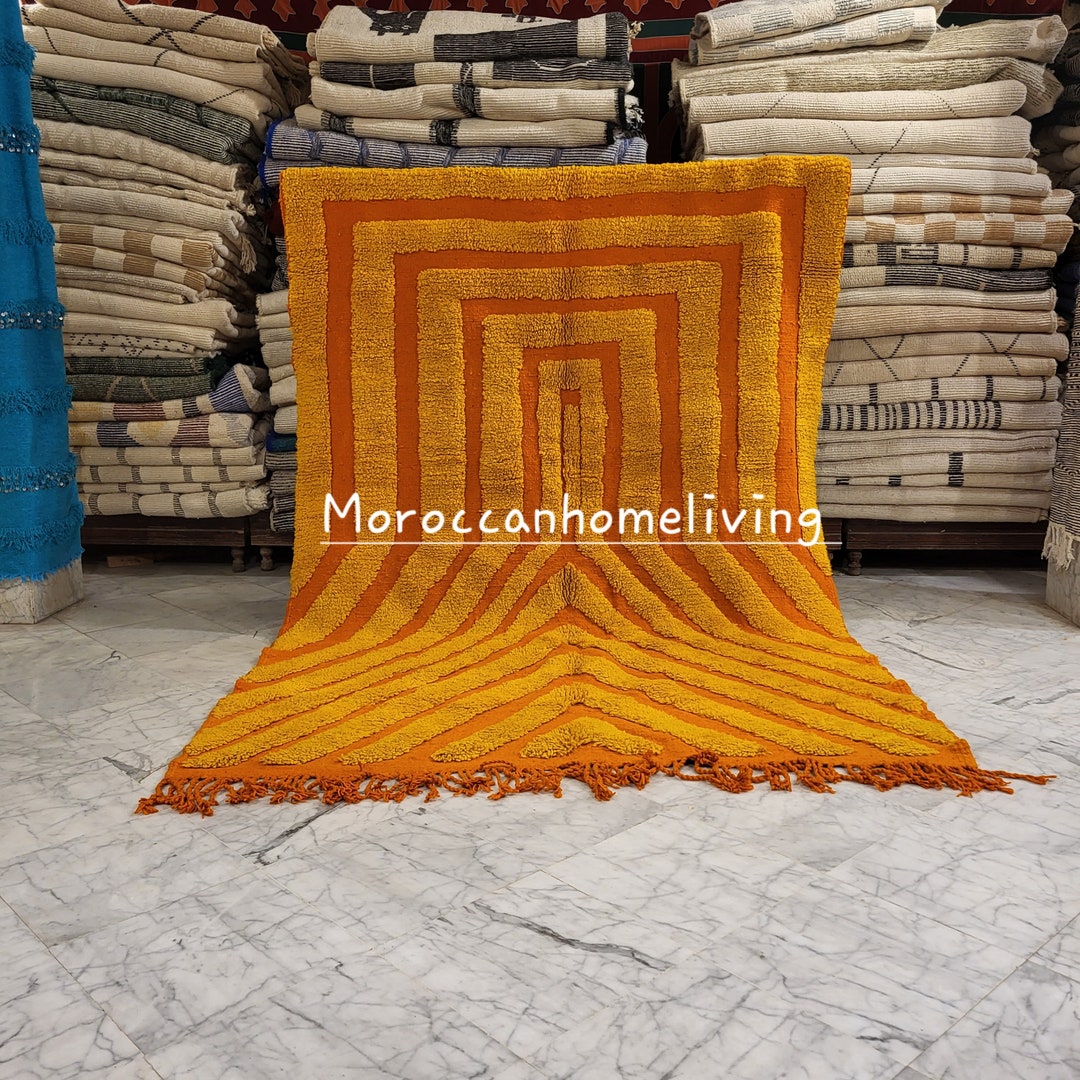 Tapis Marocain Beni Ourain 5x8 Ft – Laine Tissée Main, Beige Doux, Motif Géométrique, Moderne