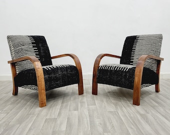 Unique Set of 2 Mid century armchair - Retro lounge chair - relax vintage style chair - Handmade walnut wood and vintage kilim chair