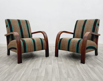 Set of 2 Mid century armchair - Retro lounge chair - modern chair - relax vintage style chair - Handmade walnut wood and wool rug chair