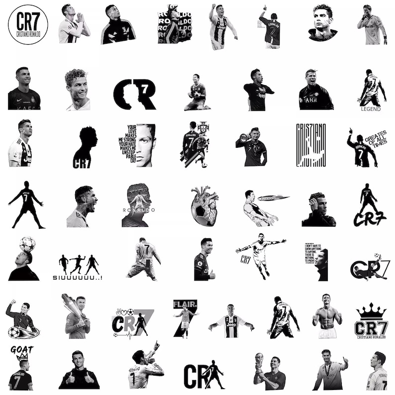 50 pegatinas de grafiti en blanco y negro de Ronaldo, la famosa superestrella del fútbol de la Copa del Mundo imagen 2