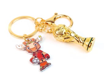 Ensembles de porte-clés en métal avec mascotte de la Coupe du monde 2026 avec trophée, dessin animé Canada Maple l'orignal