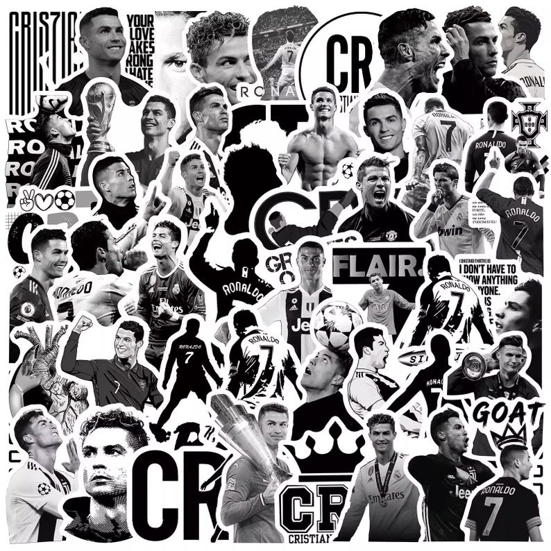 Puede incluir: Una colecci&oacute;n de pegatinas en blanco y negro con im&aacute;genes de un futbolista. Las pegatinas incluyen varias poses, retratos y elementos de texto como "CR7", "GOAT" y "RONALDO".