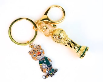Ensembles de porte-clés en métal avec mascotte de la Coupe du monde 2026 et trophée, dessin animé Zayu le jaguar du Mexique
