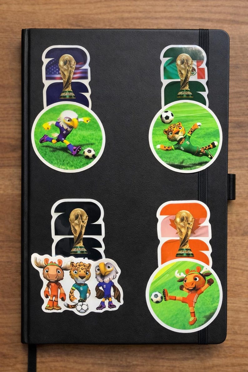 Pu&ograve; includere: Un taccuino nero con adesivi raffiguranti mascotte di cartoni animati e il trofeo della Coppa del Mondo FIFA. Gli adesivi presentano un'aquila, un giaguaro, un alce e un uccello, ognuno che gioca a calcio. Gli adesivi includono l'anno 2022 e bandiere.