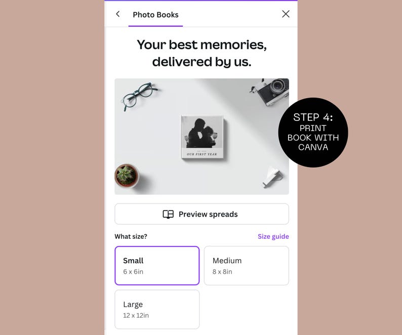 May include: A purple and white screen with the text "Photo Books" and "Your best memories, delivered by us."  The screen shows a preview of a photo book with the text "Our First Year" and a silhouette of a couple.  The screen also shows a size guide for photo books with the options "Small 6 x 6in", "Medium 8 x 8in", and "Large 12 x 12in".  The screen also shows a button that says "Preview spreads".