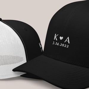 Personalized Trucker Hat Matching for Couple Cap Embroidered Initial Name Date Anniversary Gift for Her Hat for Him Couple Trucker Hat