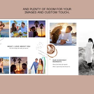 May include: A collage of photos showing a couple enjoying their everyday life together. The photos include the couple on the beach, at a cafe, and in their home. The collage is decorated with hearts and the text "What I love about you" and "Our everyday moments".