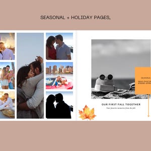 May include: A collage of photos showing a couple enjoying their first fall together. The photos are arranged in a grid pattern and include images of the couple in a car, on a beach, and in a park. The text "Our First Fall Together" is written in a white font on a black background. The text "Your favorite memories from the fall" is written in a smaller font below the main text.