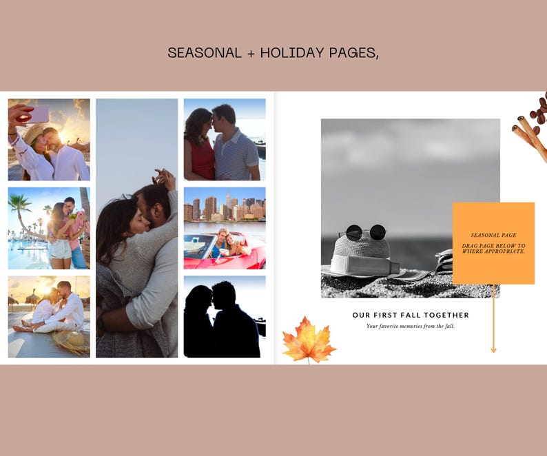 May include: A collage of photos showing a couple enjoying their first fall together. The photos are arranged in a grid pattern and include images of the couple in a car, on a beach, and in a park. The text "Our First Fall Together" is written in a white font on a black background. The text "Your favorite memories from the fall" is written in a smaller font below the main text.