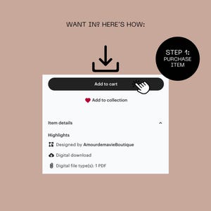 May include: A digital download product listing with a button to add the item to your cart. The listing includes details about the item, such as the designer, file type, and download information.