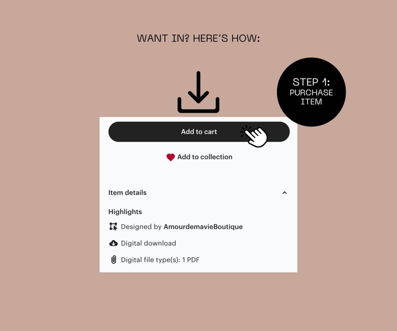 May include: A digital download product listing with a button to add the item to your cart. The listing includes details about the item, such as the designer, file type, and download information.