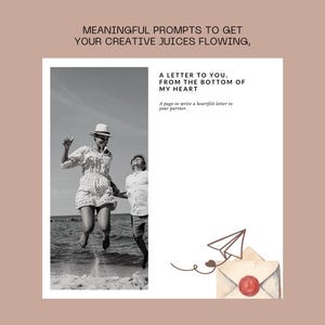 May include: Black and white photo of two people jumping on a beach. The image is part of a printable journal prompt that says "A letter to you, from the bottom of my heart. A page to write a heartfelt letter to your partner."