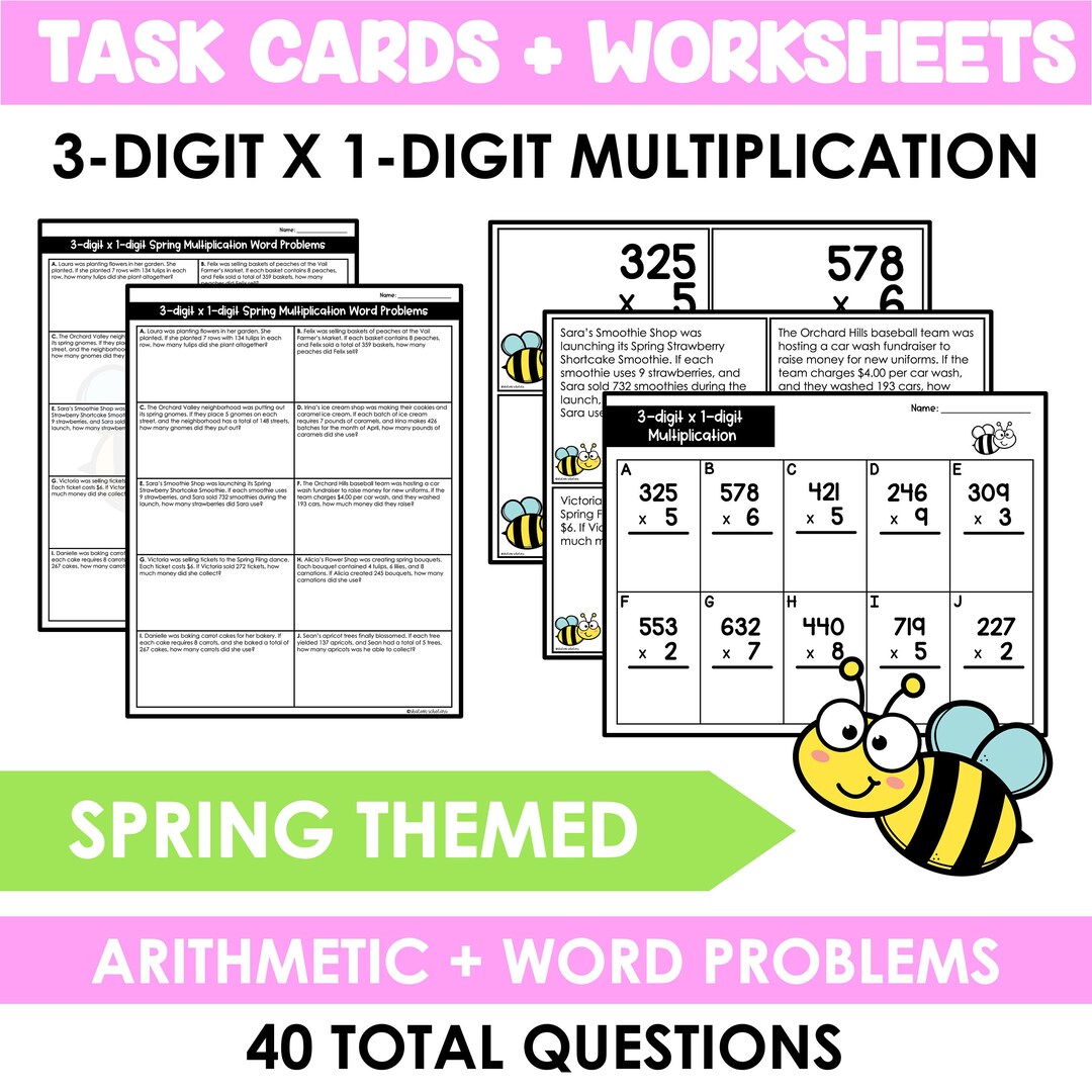 SPRING 3 Digit by 1 Digit Multiplication Word Problems and Task Cards ...