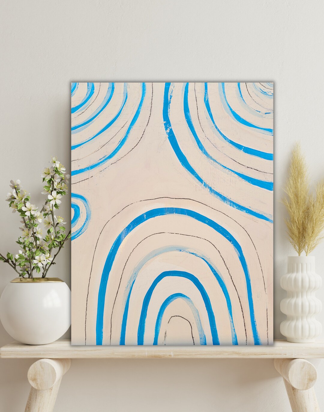 Abstract Blue Painting Minimalist Line Art on Canvas Board Painting