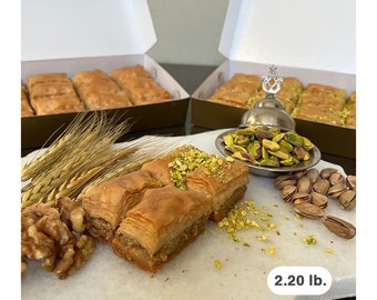 Pistachio & Walnut Baklava Fresh Baked from Florida 17.6 oz. x 2 boxes 2.20 lb. ( 1000 gr. ) 32 Pieces.