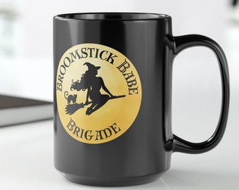 Broomstick Babe Brigade Witch Ceramic Black Mug, 15oz | Girlfriends Gift Idea | Halloween Witch Coffee Mug