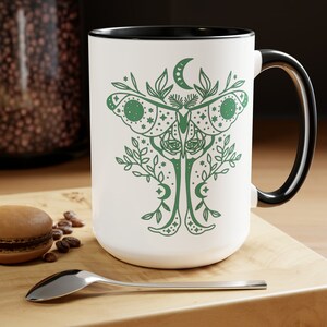 Luna Moth Celestial Graphic Two-Tone Coffee Mug, 15oz | Luna Moth Mug | Luna Moth Gift | Boho Mug | Garden Mug