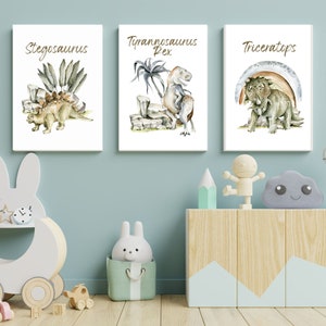 Trio of Watercolor DInosaur Digital Art Prints