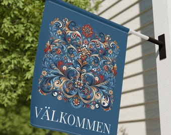 Välkommen Rosemaling Garden Flag & House Banner, Scandinavian Decor, Rosemaling Gift, Swedish Decor, Swedish Gifts, Swedish Folk Art