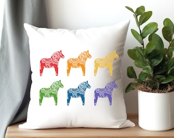 Dala Horse Swedish Horse Spun Polyester Square Pillow 4 Sizes, Scandinavian Decor, Swedish Folk Art, Dala Horses, Swedish Horse