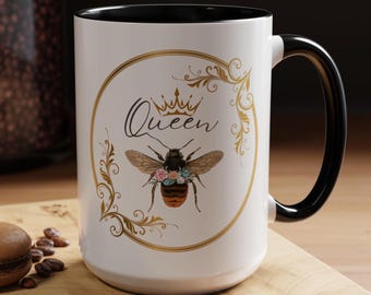 Queen Bee Ceramic Coffee Two-Tone Mug 15oz, Bee Mug, Queen Bee Coffee Mug, Queen Coffee Mug