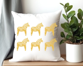 Yellow Gold Dala Horse Swedish Horse Spun Polyester Square Pillow 4 Sizes, Scandinavian Decor, Swedish Folk Art, Dala Horses, Swedish Horse