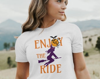 Enjoy the Ride Fall Halloween Witch Unisex Jersey Short Sleeve Tee Sizes S-3XL | Halloween Fall Witch Tshirt | Womens Fall Tee