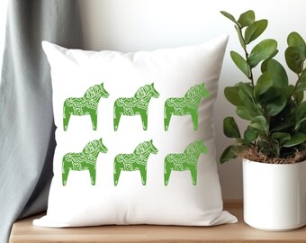 Green Dala Horse Swedish Horse Spun Polyester Square Pillow 4 Sizes, Scandinavian Decor, Swedish Folk Art, Dala Horses, Swedish Horse
