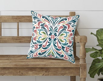 Scandinavian Folk Art Pillow: Rosemaling Floral Accent Decor "Petra" Spun Polyester Pillow, Swedish Folk Art, Norwegian Decor, Swedish Decor