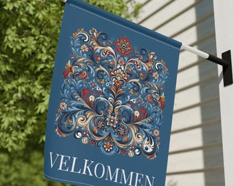 Scandinavian Floral Velkommen Garden Flag House Banner, Norwegian Welcome Sign,