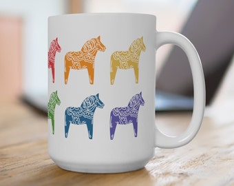 Dala Horse Swedish Folk Art Mug 15oz, Dala Horse, Swedish Dala Horse, Swedish Gifts, Swedish Folk Art, Scandinavian Decor