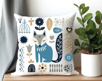 Scandinavian Design Fox Spun Polyester Square Pillow, Swedish Folk Art, Scandinavian Decor, Scandinavian Pillow, Fox Pillow