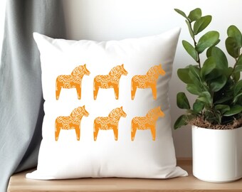 Orange Dala Horse Swedish Horse Spun Polyester Square Pillow 4 Sizes, Scandinavian Decor, Swedish Folk Art, Dala Horses, Swedish Horse