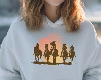 Cowgirl Posse Western We Ride At Dusk Unisex Heavy Blend™ Hooded Sweatshirt Sizes S-5XL | Horse Girl Gifts | Rodeo Shirt | Barrel Racer Gift