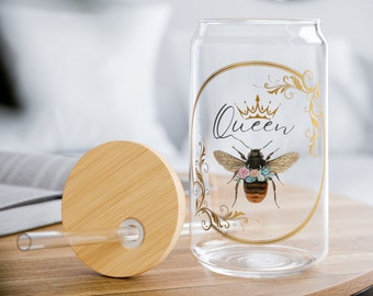 Queen Bee Sipper Glass, 16oz, Queen Bee Gift, Bee Gift, Glass Iced Coffee Cup, Queen Bee Glass Coffee Cup, Glass Cup With Straw