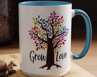 Grow Love Rainbow Tree Two-Tone Coffee Mugs, 15oz, Rainbow Love, Inspirational Mug, Large Coffee Mug, Rainbow Decor, Love Mug, Colorful Mug