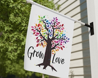 Grow Love Rainbow Tree Garden Flag & House Banner, Rainbow Garden Flag, Rainbow House Banner, Inspirational Garden, Spring Garden Flag
