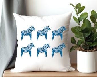 Blue Dala Horse Swedish Horse Spun Polyester Square Pillow 4 Sizes, Scandinavian Decor, Swedish Folk Art, Dala Horses, Swedish Horse