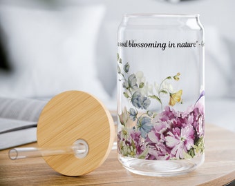 Watercolor Floral Mug Quote by Gérad Nerval: "Every Flower is a Soul Blossoming in Nature"  Sipper Glass, 16oz, Gift for Gardener