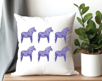 Purple Dala Horse Swedish Horse Spun Polyester Square Pillow 4 Sizes, Scandinavian Decor, Swedish Folk Art, Dala Horses, Swedish Horse
