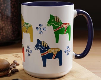 Painted Dala Horse Swedish Folk Art Two-Tone Mug 15oz, Dala Horse, Swedish Dala Horse, Swedish Gifts, Swedish Folk Art, Scandinavian Decor