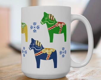 Painted Dala Horse Swedish Folk Art Mug 15oz, Dala Horse, Swedish Dala Horse, Swedish Gifts, Swedish Folk Art, Scandinavian Decor