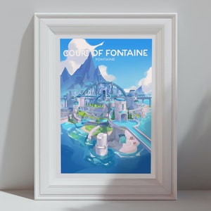 May include: A framed illustration of a city with the text "Court of Fontaine, Fontaine" in a white frame. The city is surrounded by water and has a blue sky with white clouds.