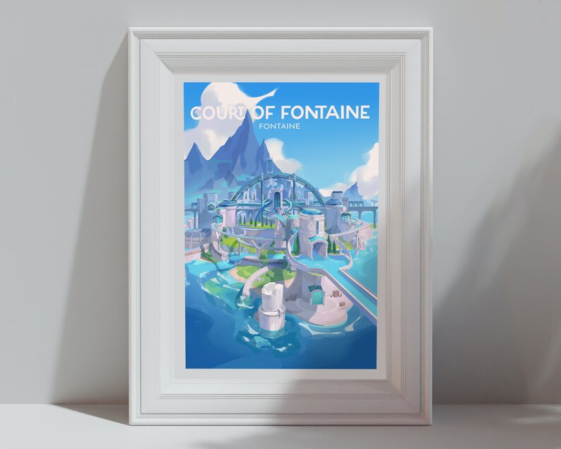 May include: A framed illustration of a city with the text "Court of Fontaine, Fontaine" in a white frame. The city is surrounded by water and has a blue sky with white clouds.
